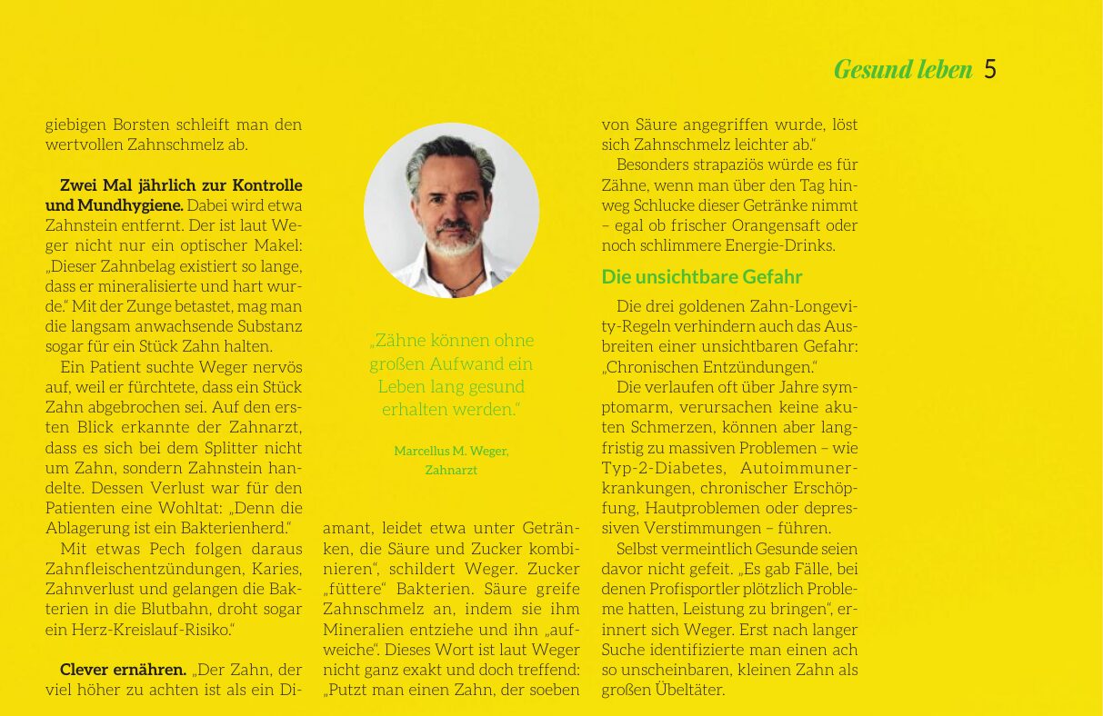 Tiroler Tageszeitung, Beilage Gesund leben, Seite 5: Fortsetzung mit Porträt und Zitat von Marcellus M. Weger